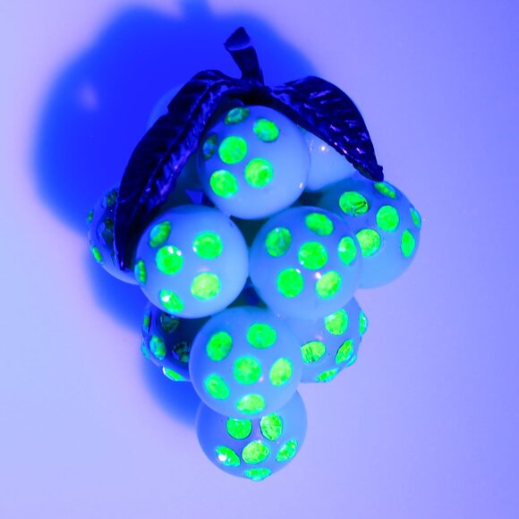 Vintage Forbidden Fruit Grapes Cluster Brooch With UV Glow Rhinestones 1950s